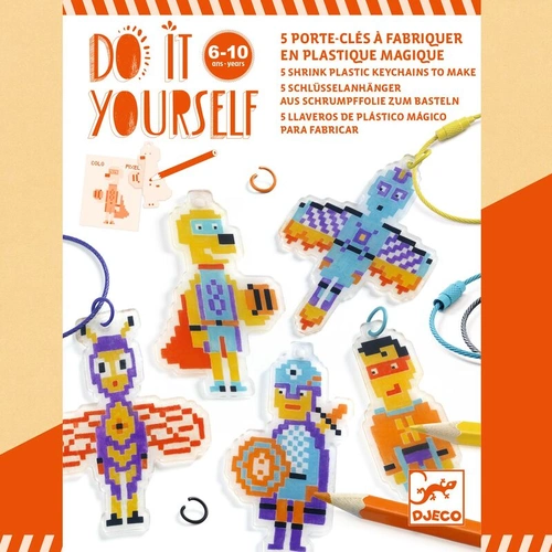 Djeco - Do It Yourself Pixel Art Heroes Shrink Plastic Craft Kit
